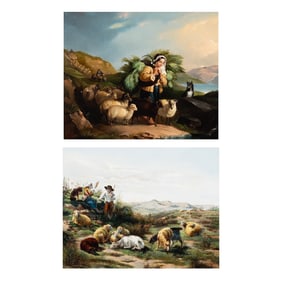 European School, Herding Sheep, two oils