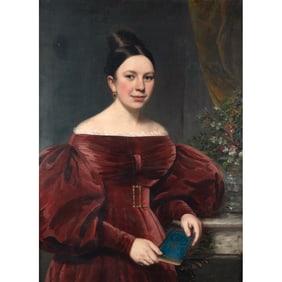 American School, Woman in Red Holding a Book, oil