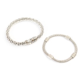 Two John Hardy Diamond, Sterling, 18k Gold Bracelets.