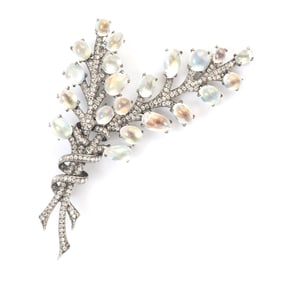 Moonstone, Diamond, Oxidized 18k White Gold Brooch.
