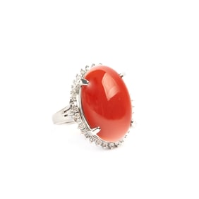 *Red Coral, Diamond, Platinum Ring.