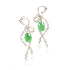 Pair of Jadeite Jade, Diamond, 18k White Gold Earrings.
