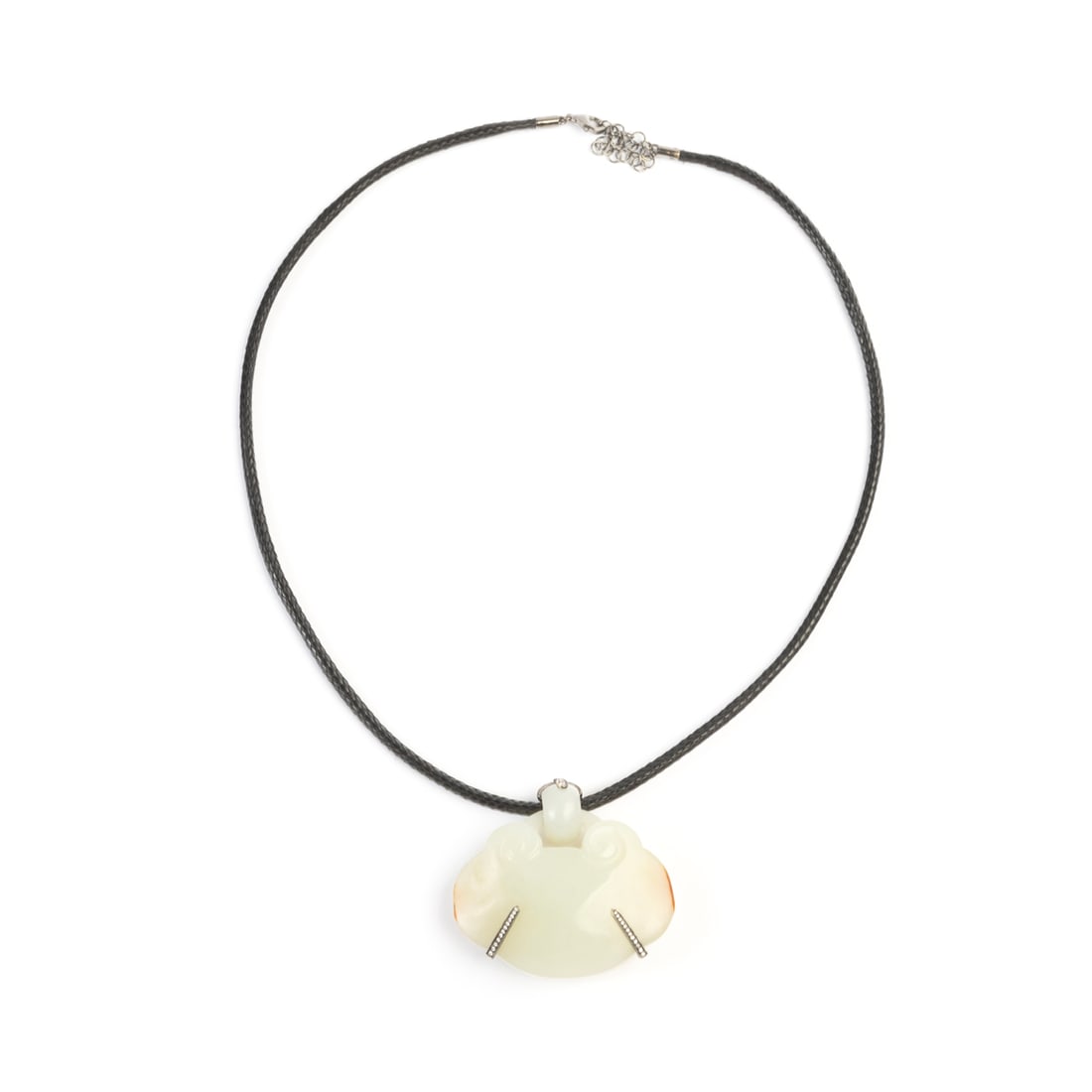 Jade, Diamond, Rhodium-Plated 14k Gold Necklace.: Mutton Fat Jade, Diamond, Rhodium-Plated 14k Gold Necklace. Featuring one carved mutton fat jade pendant measuring approximately 40 x 45 mm, accented by thirty-nine round-cut diamonds weighing a total
