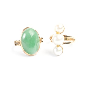 Two Jade, Cultured Pearl, 14k Yellow Gold Rings.