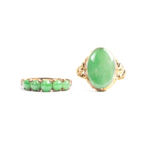 Two Jadeite Jade, Yellow Gold Rings.
