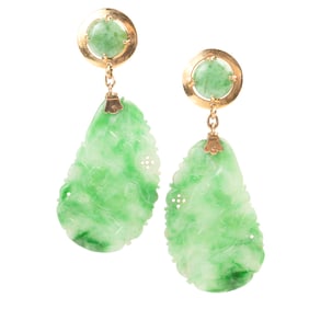 Pair of Jadeite Jade, 14k Yellow Gold Earrings.