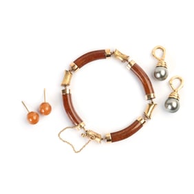 Jade, Cultured Pearl, 14k Yellow Gold Jewelry Suite.