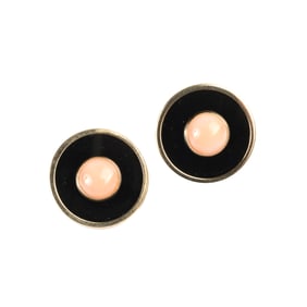 *Pair of Coral, Black Onyx, 14k Yellow Gold Earrings.