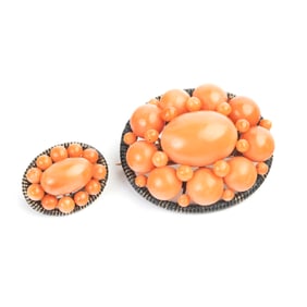*Two Victorian Coral, Enamel, 14k Yellow Gold Brooches.