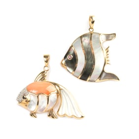 *Two Multi-Stone, 14k Yellow Gold Fish Pendants.