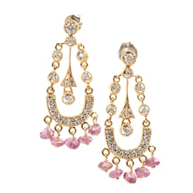 Pair of Pink Sapphire, Diamond, 18k Gold Earrings.