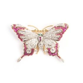 Diamond, Ruby, Emerald, 18k Gold Butterfly Brooch.