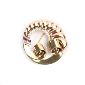 Retro Diamond, Synthetic Ruby, 14k Gold Platinum Brooch