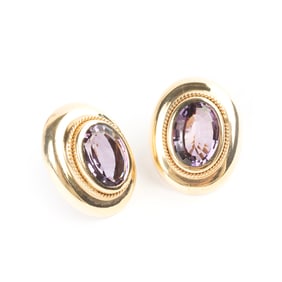 Pair of Amethyst, 14k Yellow Gold Earrings.