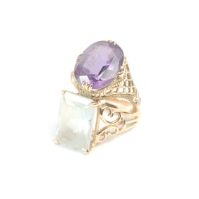 Two Amethyst, Blue Topaz, 14k Yellow Gold Rings.