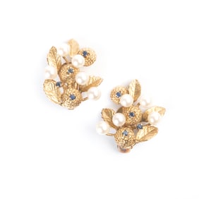 Pair of Sapphire, Cultured Pearl, 14k Gold Ear Clips.