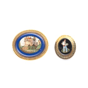 Two Victorian Micromosaic, 14k Yellow Gold Brooches.