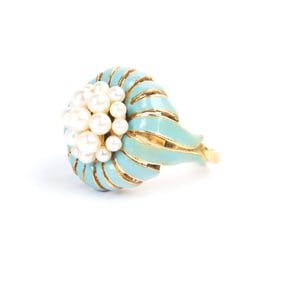 Cultured Pearl, Enamel, 18k Yellow Gold Ring.