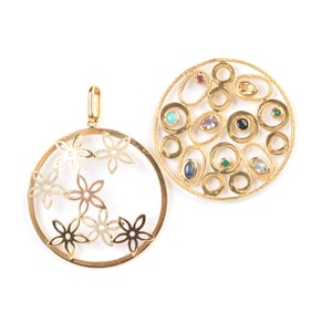 Two Multi-Stone, Yellow Gold Circle Pendants.