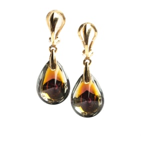 Pair of Glass, 18k Yellow Gold Ear Clips.