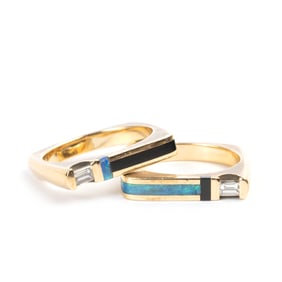 Pair of Diamond, Opal, Black Onyx Inlay, 14k Gold Rings