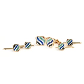 Gent's Multi-Stone Inlay, 14k Yellow Gold Dress Set.