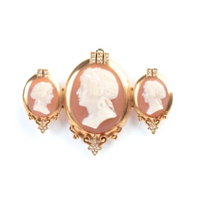 Victorian Sardonyx Cameo, Diamond, 18k Gold Brooch.