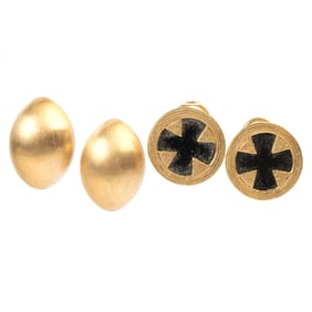 Two Pairs of Black Onyx, 18k Yellow Gold Ear Clips.