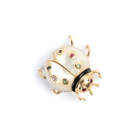 Multi-Stone, 14k Yellow Gold Ladybug Brooch.