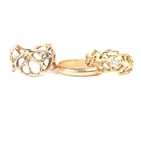 Collection of Three Diamond, 14k Yellow Gold Rings.