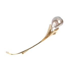 Cultured Pearl, Diamond, 14k Gold Calla Lily Brooch.