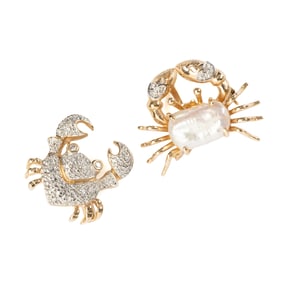 Two Cultured Pearl, Diamond, 14k Gold Crab Brooches.