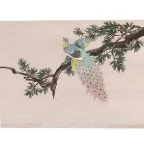 Silk Embroidered Scroll with Box, 'Peacock'