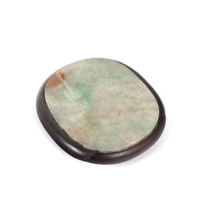 A Carved Jadeite 'Longevity' Buckle with Wooden Frame