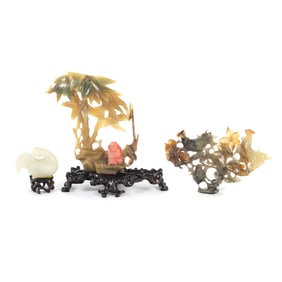 Group of Jade Hardstone Trees with a Coral