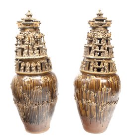 Pair Yellow Glazed Pottery Funeral Taoist Spirit Jars
