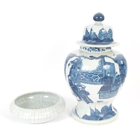 A Blue/White Porcelain Covered Jar and a Ge Type Washer