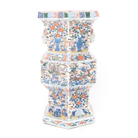 Rare Chinese Ming Style Wucai Porcelain Hexagonal Vase
