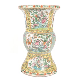 Large Chinese Famille Rose Yellow Ground Beaker Vase