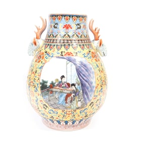 Large Chinese Famille Rose Porcelain Deer Head Vase