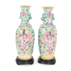 Pair of Large Chinese Famille Rose Vases with Stands