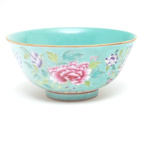 A Chinese Turquoise Ground Famille Rose 'Peonies' Bowl
