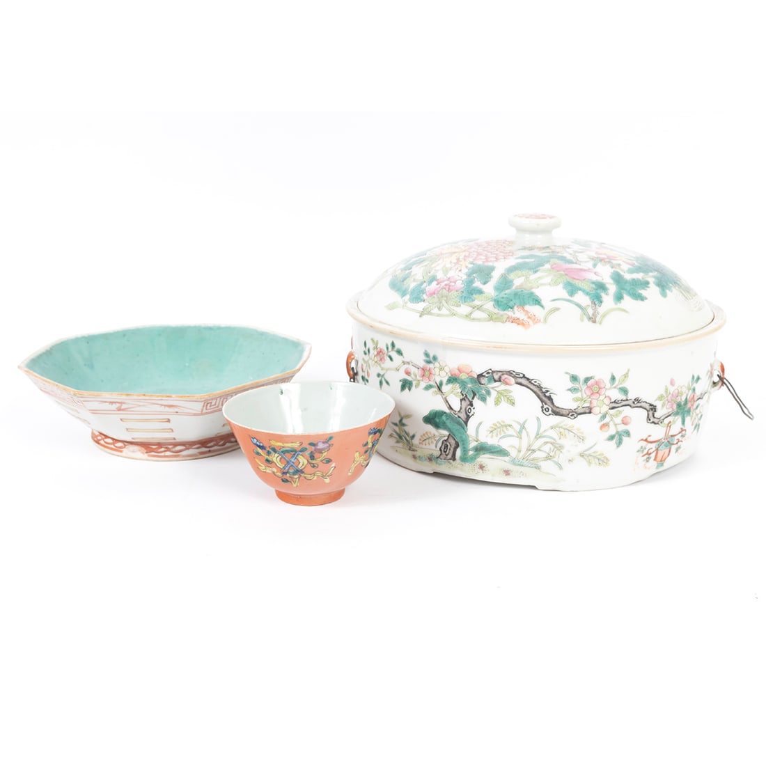 Group of Chinese Famille Rose Porcelain Items: Group of Chinese Famille Rose Porcelain Items: Two Bowls and a Covered Box. {Largest: width 11 inches (27.9 cm)}. Condition: Overall wear, repaired. Ask the Asian Art Department for more information.