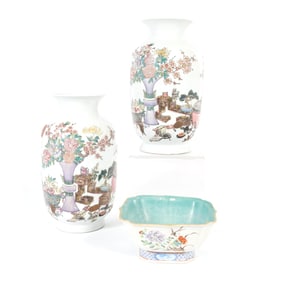 Pair of Chinese Famille Rose Porcelain Vase and a Bowl