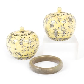 Pair of Chinese Porcelain Covered Jar and a Jade Bangle