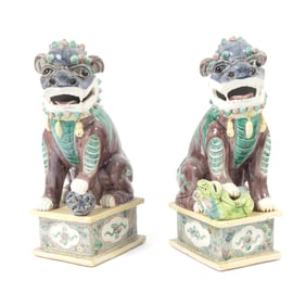 Pair Chinese Famille Verte Enameled Porcelain Foo Dogs
