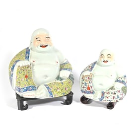 Group of Two Happy Buddha Statues on Wooden Stands
