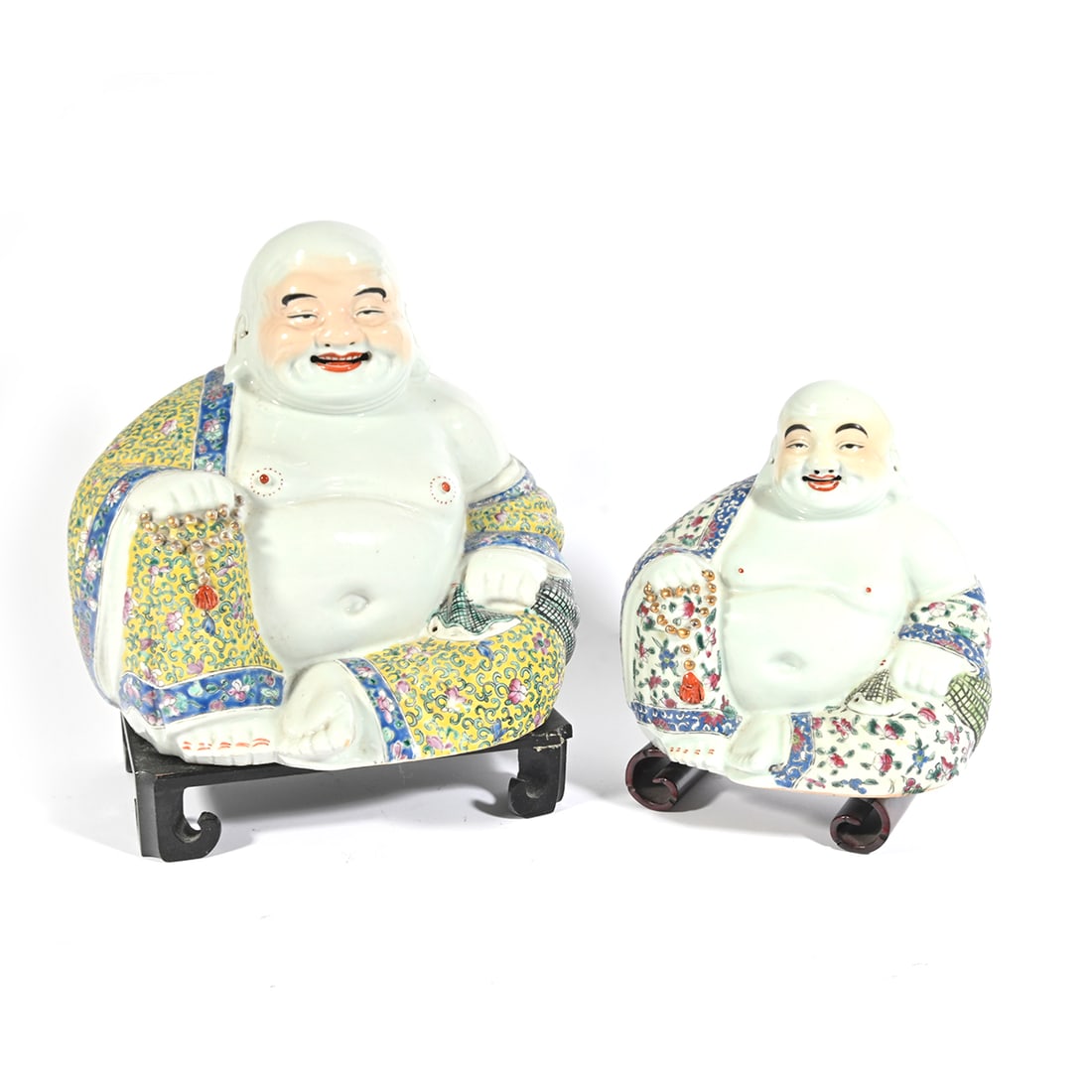 Group of Two Happy Buddha Statues on Wooden Stands (1 of 3)