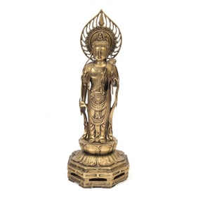 A Gilt Brass Standing Figure of Guanyin