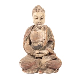 A Polychrome Painted and Carved Seated Buddha